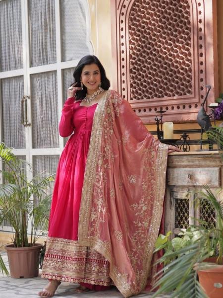 Gown with Dupatta Collections 2025 Elegant Shimmer Vichitra   Embroidered Design 