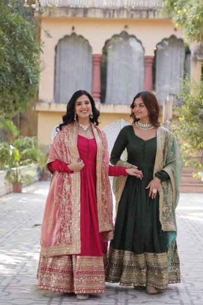 Gown with Dupatta Collections 2025 Elegant Shimmer Vichitra   Embroidered Design Ready To Wear Collection