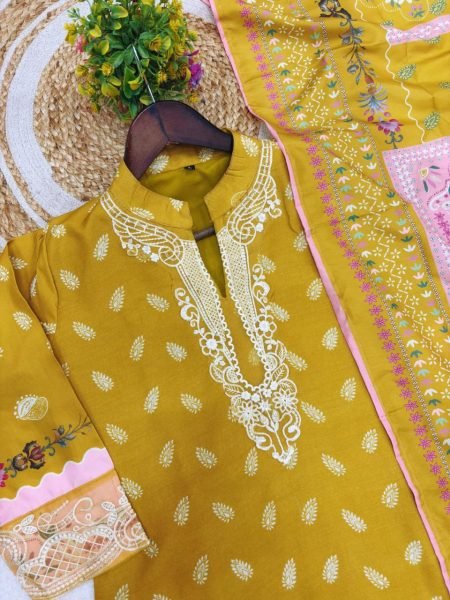 Grace infused Lilac Muslin Pakistani Suit with Cotton Lining   Embroidered Neck   Heavy Dupatta for Occasion Wear  Straight Cut Long Kurtis