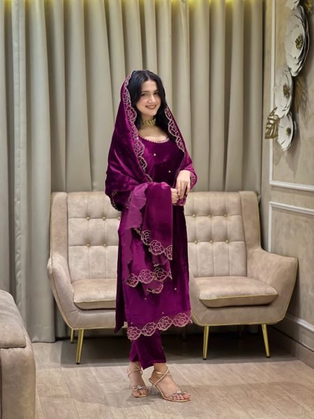 Grace infused Purple Viscose Velvet Suit with Zarkhan   Sequence Embroidery Work Dupatta for Party Wear  Straight Cut Long Kurtis