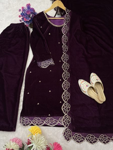Grace infused Purple Viscose Velvet Suit with Zarkhan   Sequence Embroidery Work Dupatta for Party Wear  Straight Cut Long Kurtis