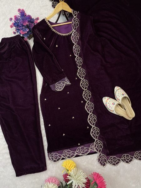 Grace infused Purple Viscose Velvet Suit with Zarkhan   Sequence Embroidery Work Dupatta for Party Wear  Straight Cut Long Kurtis