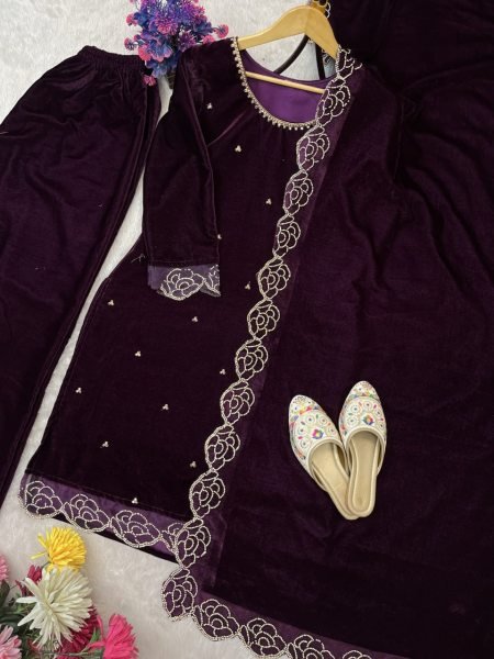 Grace infused Purple Viscose Velvet Suit with Zarkhan   Sequence Embroidery Work Dupatta for Party Wear  Straight Cut Long Kurtis
