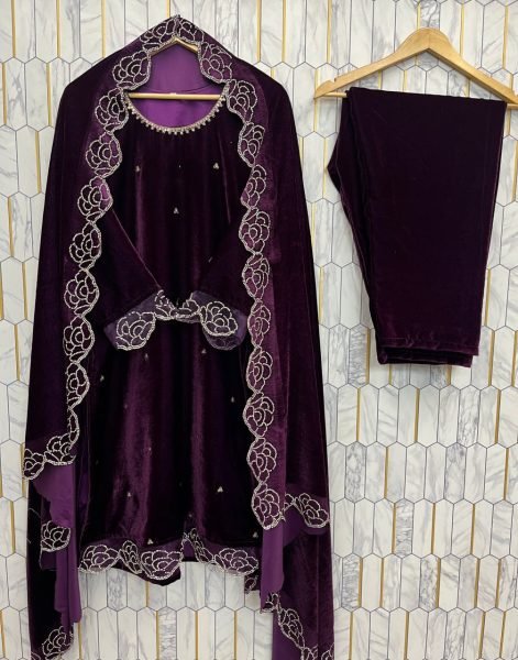 Grace infused Purple Viscose Velvet Suit with Zarkhan   Sequence Embroidery Work Dupatta for Party Wear  Straight Cut Long Kurtis