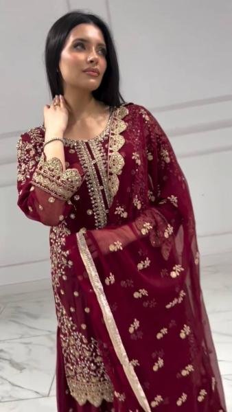 Grace Maroon Faux Georgette Pakistani Suit with Heavy Embroidery and Cut Work for Women at Wholesale Prices Ready To Wear Collection