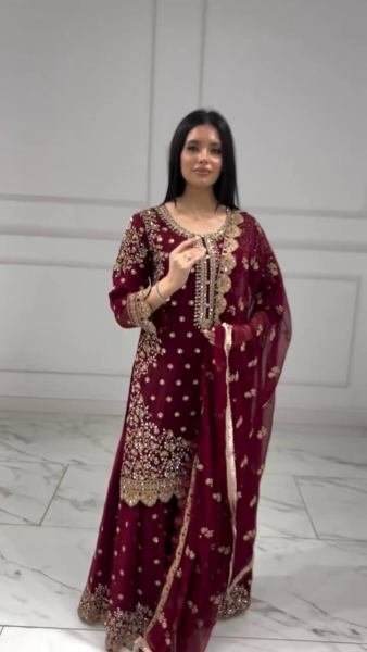 Grace Maroon Faux Georgette Pakistani Suit with Heavy Embroidery and Cut Work for Women at Wholesale Prices Ready To Wear Collection