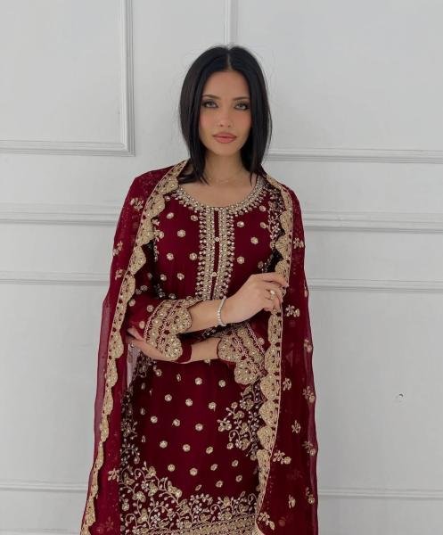 Grace Maroon Faux Georgette Pakistani Suit with Heavy Embroidery and Cut Work for Women at Wholesale Prices Ready To Wear Collection