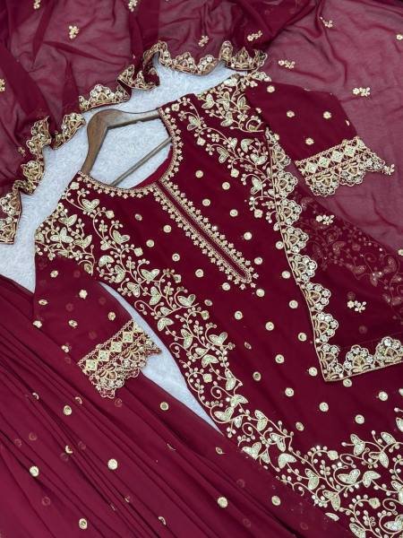 Grace Maroon Faux Georgette Pakistani Suit with Heavy Embroidery and Cut Work for Women at Wholesale Prices Ready To Wear Collection