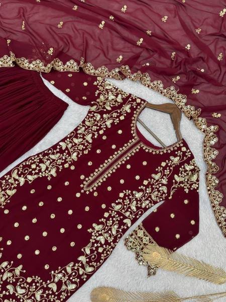 Grace Maroon Faux Georgette Pakistani Suit with Heavy Embroidery and Cut Work for Women at Wholesale Prices Ready To Wear Collection