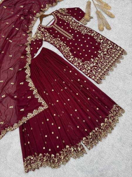 Grace Maroon Faux Georgette Pakistani Suit with Heavy Embroidery and Cut Work for Women at Wholesale Prices Ready To Wear Collection