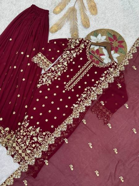 Grace Maroon Faux Georgette Pakistani Suit with Heavy Embroidery and Cut Work for Women at Wholesale Prices Ready To Wear Collection