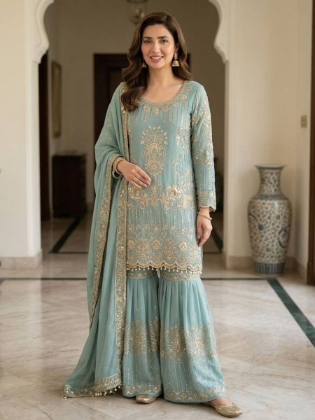 Graceful And Comfortable Look Pastel Sky Blue  Georgette Sequence Embroidery Top With sharara set With Dupatta   Ready To Wear Suit