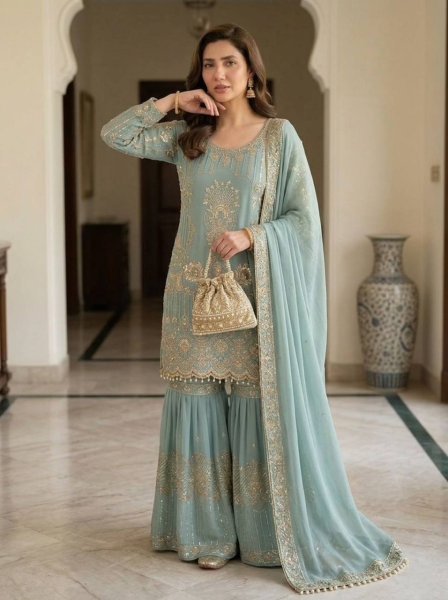 Graceful And Comfortable Look Pastel Sky Blue  Georgette Sequence Embroidery Top With sharara set With Dupatta   Ready To Wear Collection