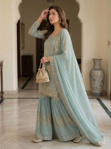 Graceful And Comfortable Look Pastel Sky Blue  Georgette Sequence Embroidery Top With sharara set With Dupatta   Ready To Wear Collection