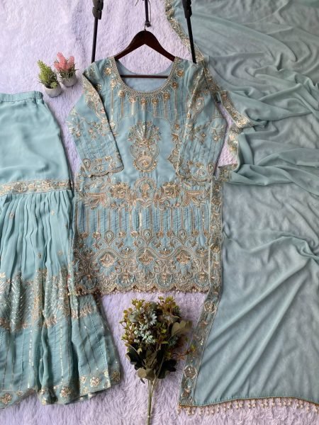 Graceful And Comfortable Look Pastel Sky Blue  Georgette Sequence Embroidery Top With sharara set With Dupatta   Ready To Wear Collection