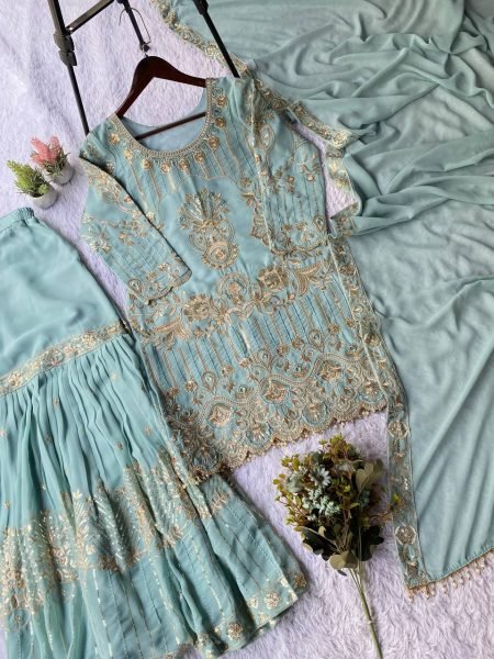 Graceful And Comfortable Look Pastel Sky Blue  Georgette Sequence Embroidery Top With sharara set With Dupatta   Ready To Wear Collection