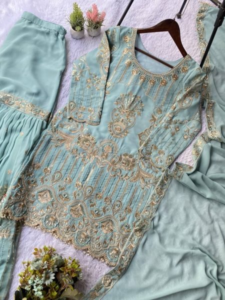 Graceful And Comfortable Look Pastel Sky Blue  Georgette Sequence Embroidery Top With sharara set With Dupatta   Ready To Wear Collection