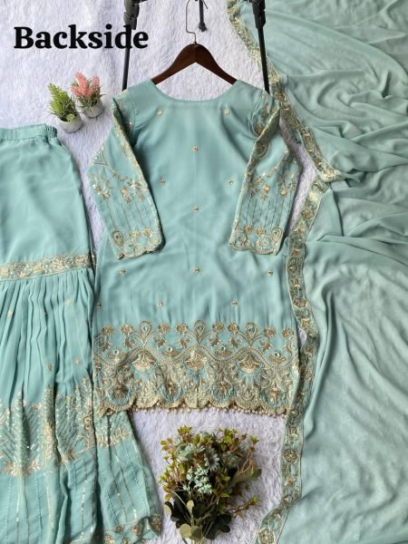 Graceful And Comfortable Look Pastel Sky Blue  Georgette Sequence Embroidery Top With sharara set With Dupatta   Ready To Wear Collection