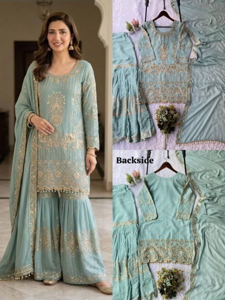 Graceful And Comfortable Look Pastel Sky Blue  Georgette Sequence Embroidery Top With sharara set With Dupatta   Ready To Wear Collection