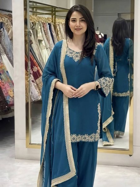 Graceful Aqva Blue Blooming Faux Embroidered Sharara Suit with Dupatta 