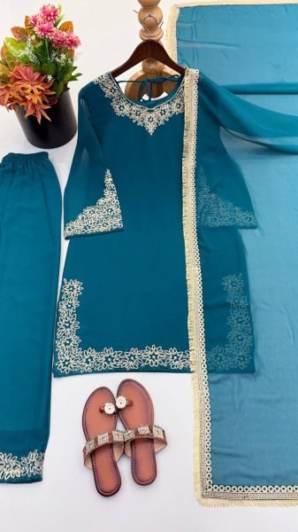 Graceful Aqva Blue Blooming Faux Embroidered Sharara Suit with Dupatta Ready To Wear Collection