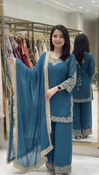 Graceful Aqva Blue Blooming Faux Embroidered Sharara Suit with Dupatta Ready To Wear Collection