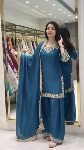 Graceful Aqva Blue Blooming Faux Embroidered Sharara Suit with Dupatta Ready To Wear Collection