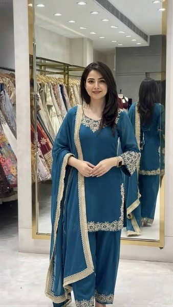 Graceful Aqva Blue Blooming Faux Embroidered Sharara Suit with Dupatta Ready To Wear Collection