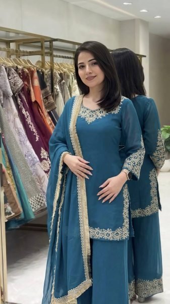 Graceful Aqva Blue Blooming Faux Embroidered Sharara Suit with Dupatta Ready To Wear Collection