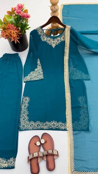 Graceful Aqva Blue Blooming Faux Embroidered Sharara Suit with Dupatta Ready To Wear Collection