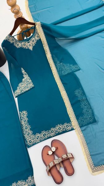 Graceful Aqva Blue Blooming Faux Embroidered Sharara Suit with Dupatta Ready To Wear Collection