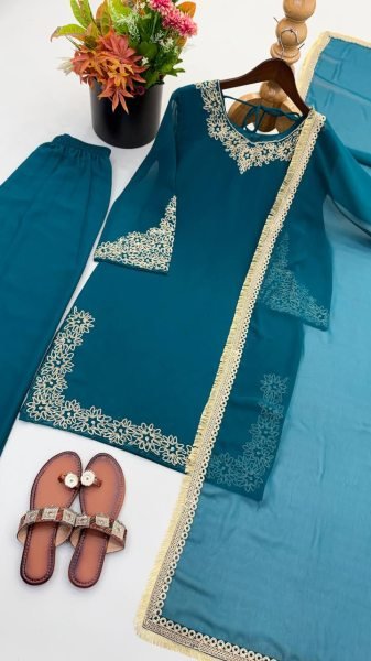 Graceful Aqva Blue Blooming Faux Embroidered Sharara Suit with Dupatta Ready To Wear Collection