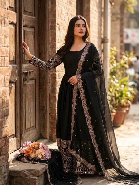 Graceful Black Chinon Silk Gown with Sequence Work and Micro Silk Pant Collection Attached Latkan Dori Styling Ready To Wear Suit