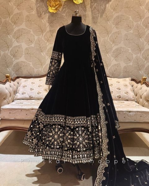 Graceful Black Chinon Silk Gown with Sequence Work and Micro Silk Pant Collection Attached Latkan Dori Styling Ready To Wear Collection