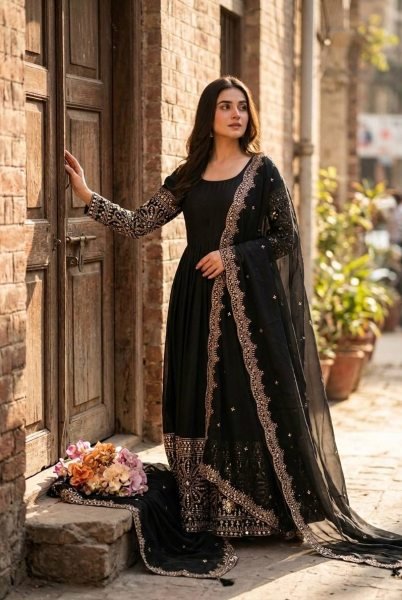 Graceful Black Chinon Silk Gown with Sequence Work and Micro Silk Pant Collection Attached Latkan Dori Styling Ready To Wear Collection