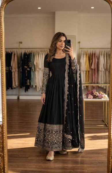 Graceful Black Chinon Silk Gown with Sequence Work and Micro Silk Pant Collection Attached Latkan Dori Styling Ready To Wear Collection