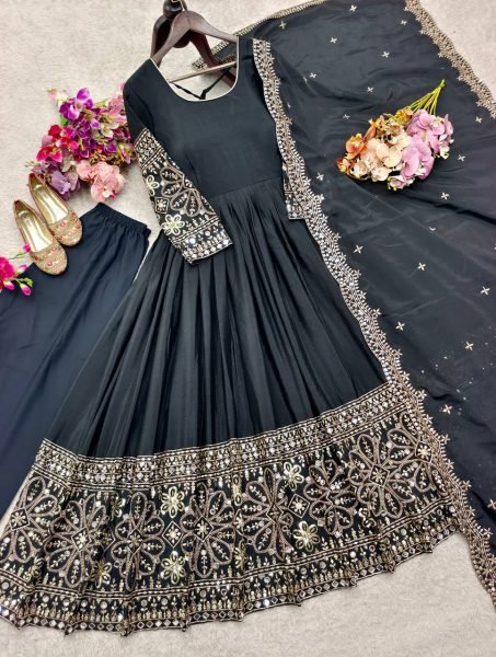 Graceful Black Chinon Silk Gown with Sequence Work and Micro Silk Pant Collection Attached Latkan Dori Styling Ready To Wear Collection