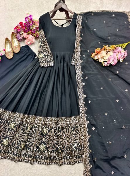 Graceful Black Chinon Silk Gown with Sequence Work and Micro Silk Pant Collection Attached Latkan Dori Styling Ready To Wear Collection
