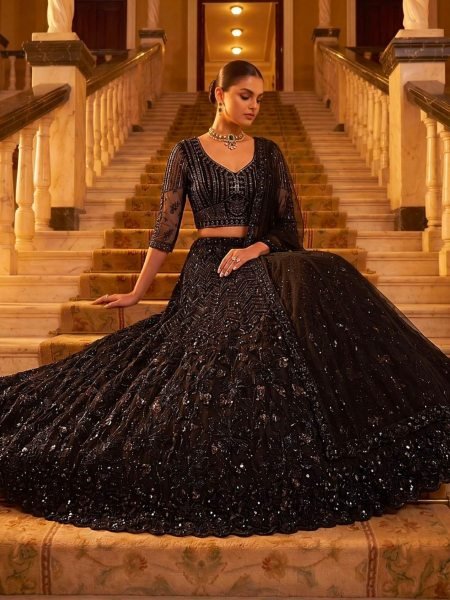Graceful Black Designer Black Lehenga Choli Set with Monochrome Sequins for Wedding Wear  Lehenga