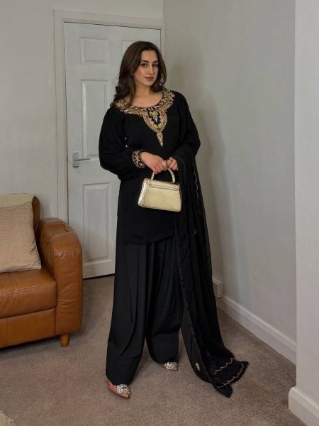 Graceful Black Faux Georgette Sequins Embroidered Top and Plazzo Set with Lace Dupatta for Festive Outfit 