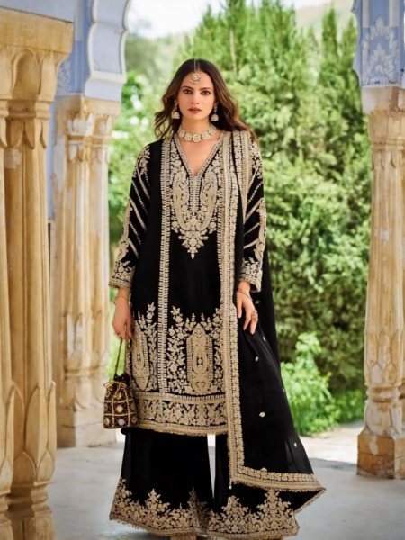 Graceful Black Heavy Chinon Palazzo Suit with Premium Embroidery and Crepe Silk Inner Designer Plazzo Salwar Suits Wholesale