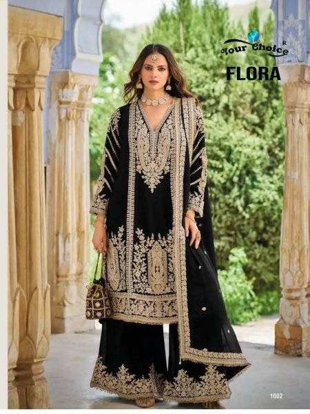 Graceful Black Heavy Chinon Palazzo Suit with Premium Embroidery and Crepe Silk Inner Designer Plazzo Salwar Suits Wholesale
