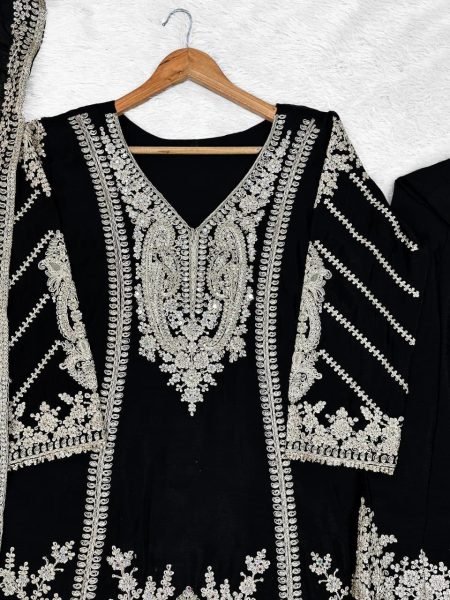 Graceful Black Heavy Chinon Palazzo Suit with Premium Embroidery and Crepe Silk Inner Designer Plazzo Salwar Suits Wholesale