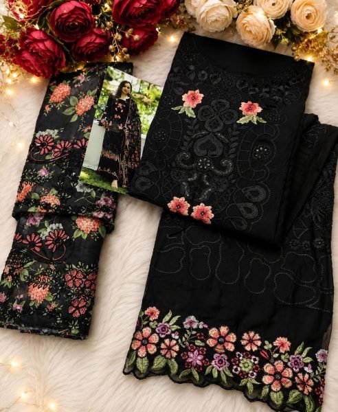Graceful Black Pure Cambric Cotton Embroidered Top with Cotton Pant at Wholesale Rate Pakistani Suits Wholesale