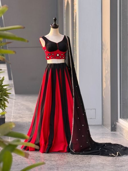 Graceful Black Red Cotton Lehenga Choli with Real Mirror Work Blouse For Navarati Collection Navratri Lehnega Choli