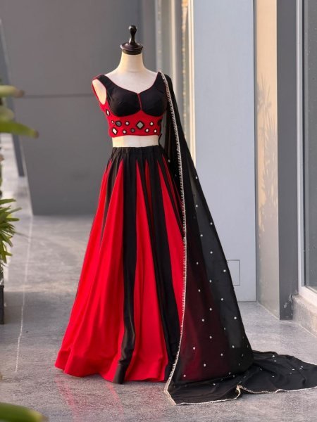 Graceful Black Red Cotton Lehenga Choli with Real Mirror Work Blouse For Navarati Collection Navratri Lehnega Choli