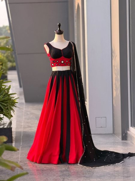 Graceful Black Red Cotton Lehenga Choli with Real Mirror Work Blouse For Navarati Collection Navratri Lehnega Choli