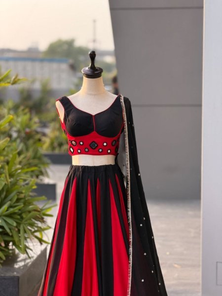 Graceful Black Red Cotton Lehenga Choli with Real Mirror Work Blouse For Navarati Collection Navratri Lehnega Choli