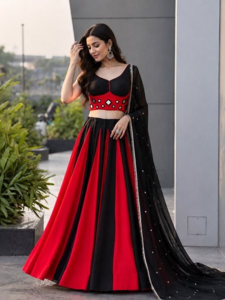 Graceful Black Red Cotton Lehenga Choli with Real Mirror Work Blouse For Navarati Collection Navratri Lehnega Choli