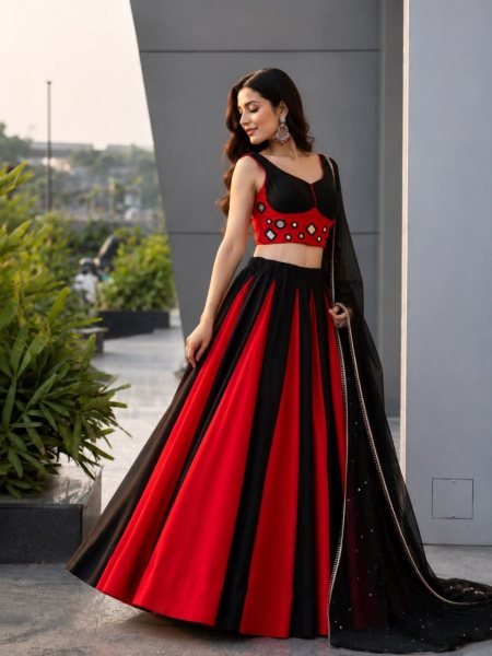 Graceful Black Red Cotton Lehenga Choli with Real Mirror Work Blouse For Navarati Collection Navratri Lehnega Choli